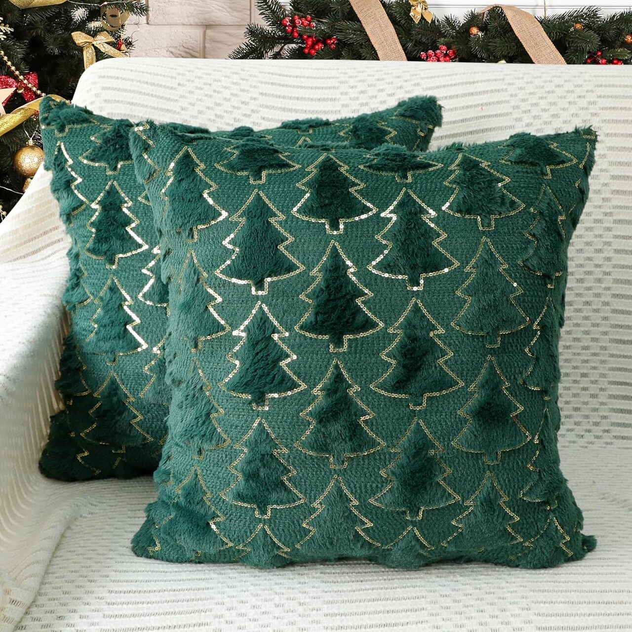 Christmas Tree Decorative Pillow Covers 18x18 Set of 2, Green Soft Plush Faux Fur Farmhouse Throw Cushion Cases for Xmas Winter Holiday Home Decorations